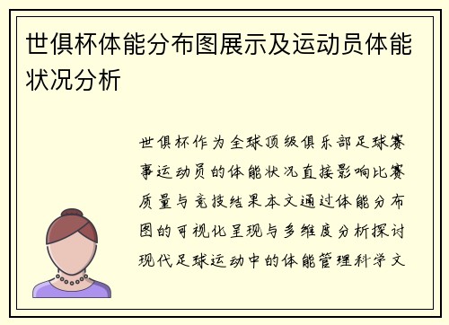 世俱杯体能分布图展示及运动员体能状况分析