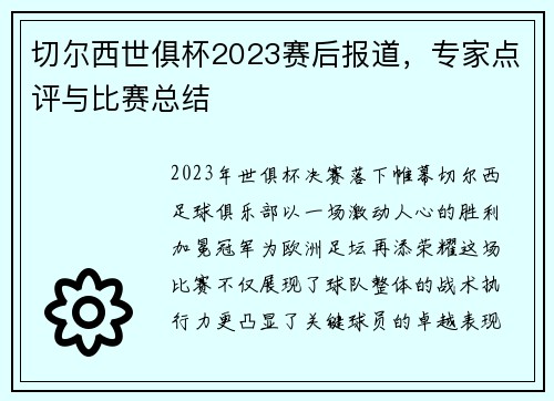 切尔西世俱杯2023赛后报道，专家点评与比赛总结