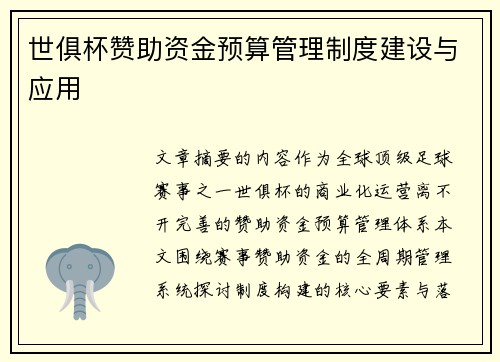 世俱杯赞助资金预算管理制度建设与应用