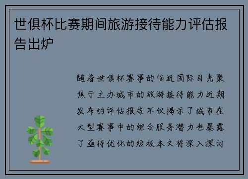 世俱杯比赛期间旅游接待能力评估报告出炉